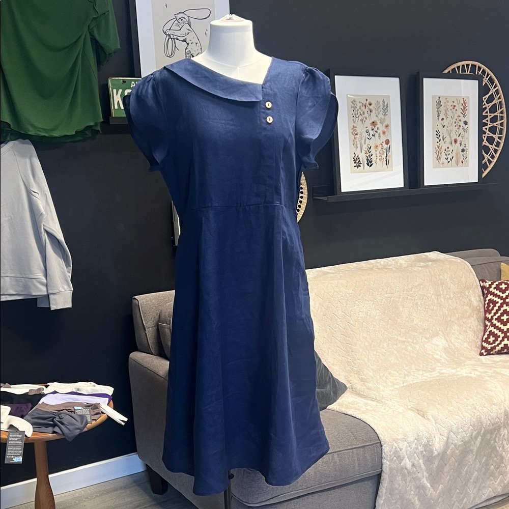 100% Linen from flax XL Navy Blue Midi Dress with Coconut Button Detail